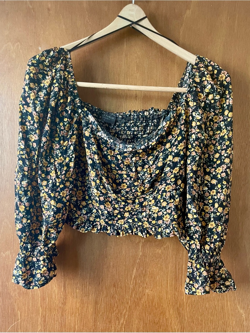 Dress Forum Black Floral Smocked Crop Top with Yellow Blossoms